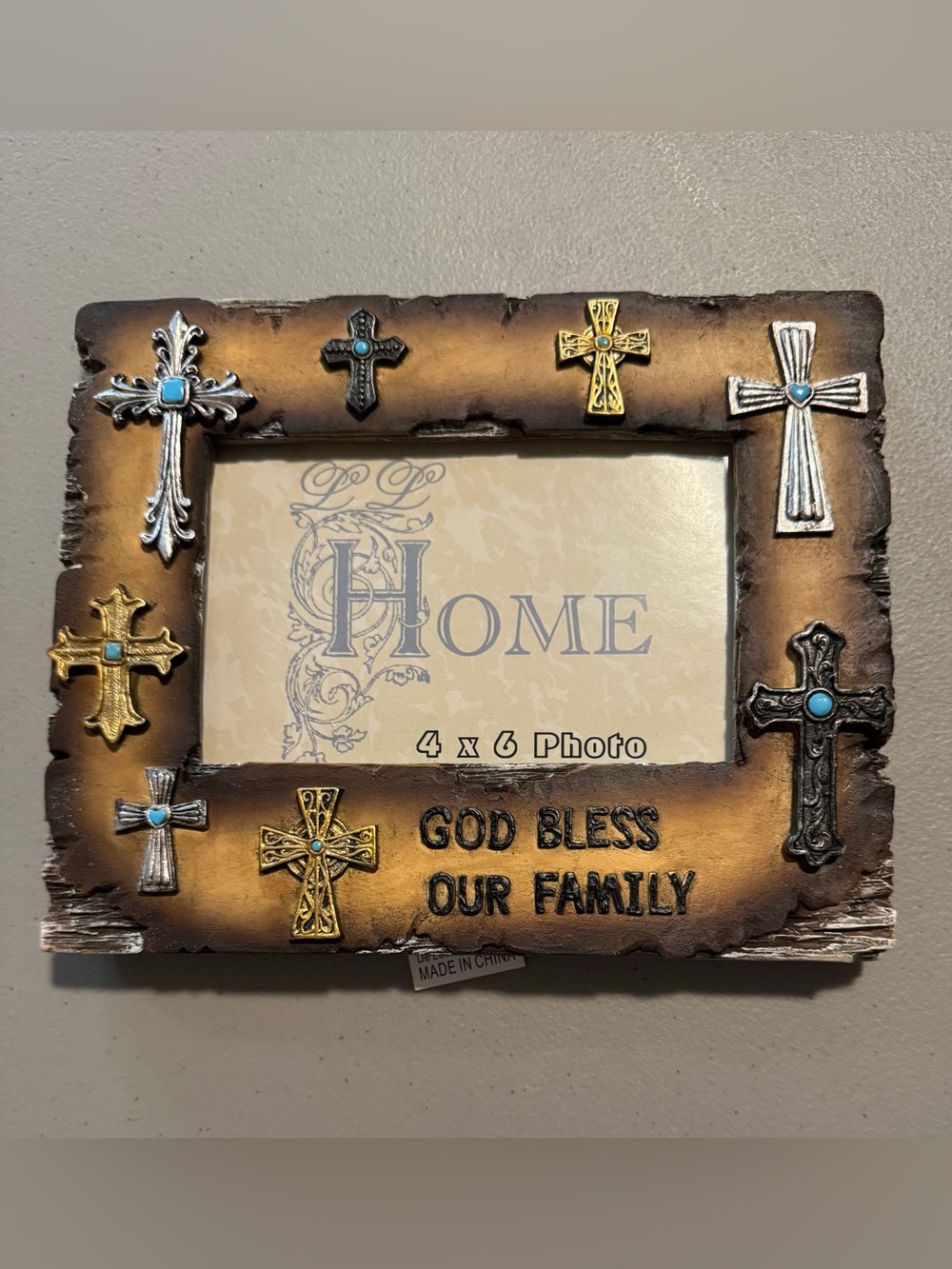 God Bless Our Family Decorative Cross 4x6 Photo Frame Brown